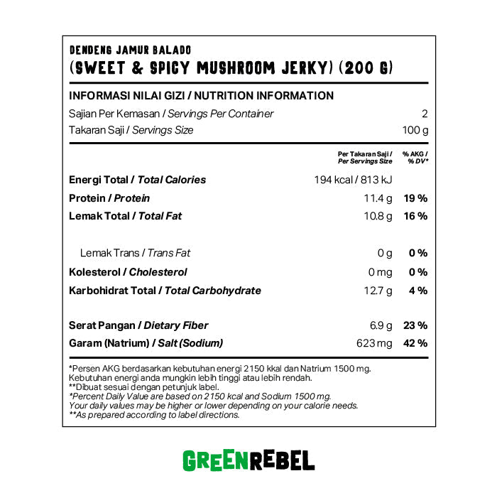 Green Rebel Dendeng Balado | Siap Makan | Lauk Sehat | Ready To Eat | 160gr (SBY)