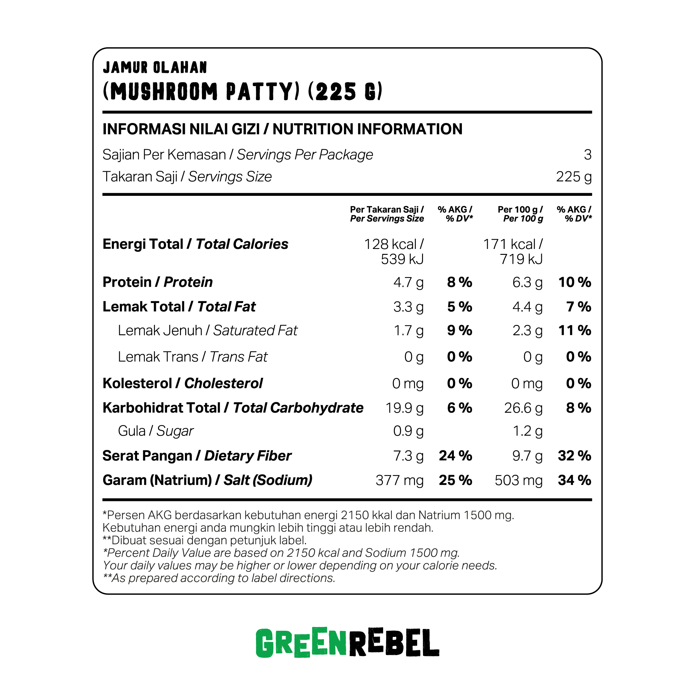 Green Rebel Patty Jamur | Mushroom Patty | Protein Rendah Lemak | 225 gr (BALI)
