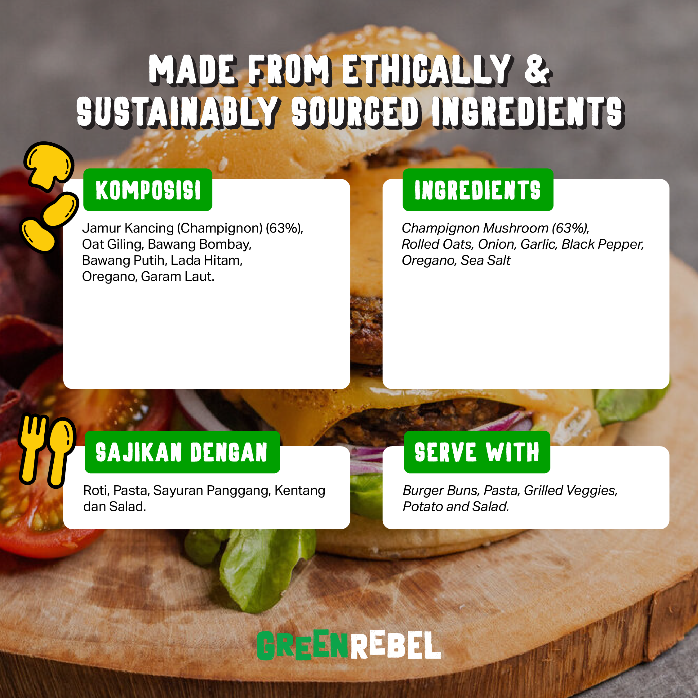 Green Rebel Patty Jamur | Mushroom Patty | Protein Rendah Lemak | 225 gr (BALI)