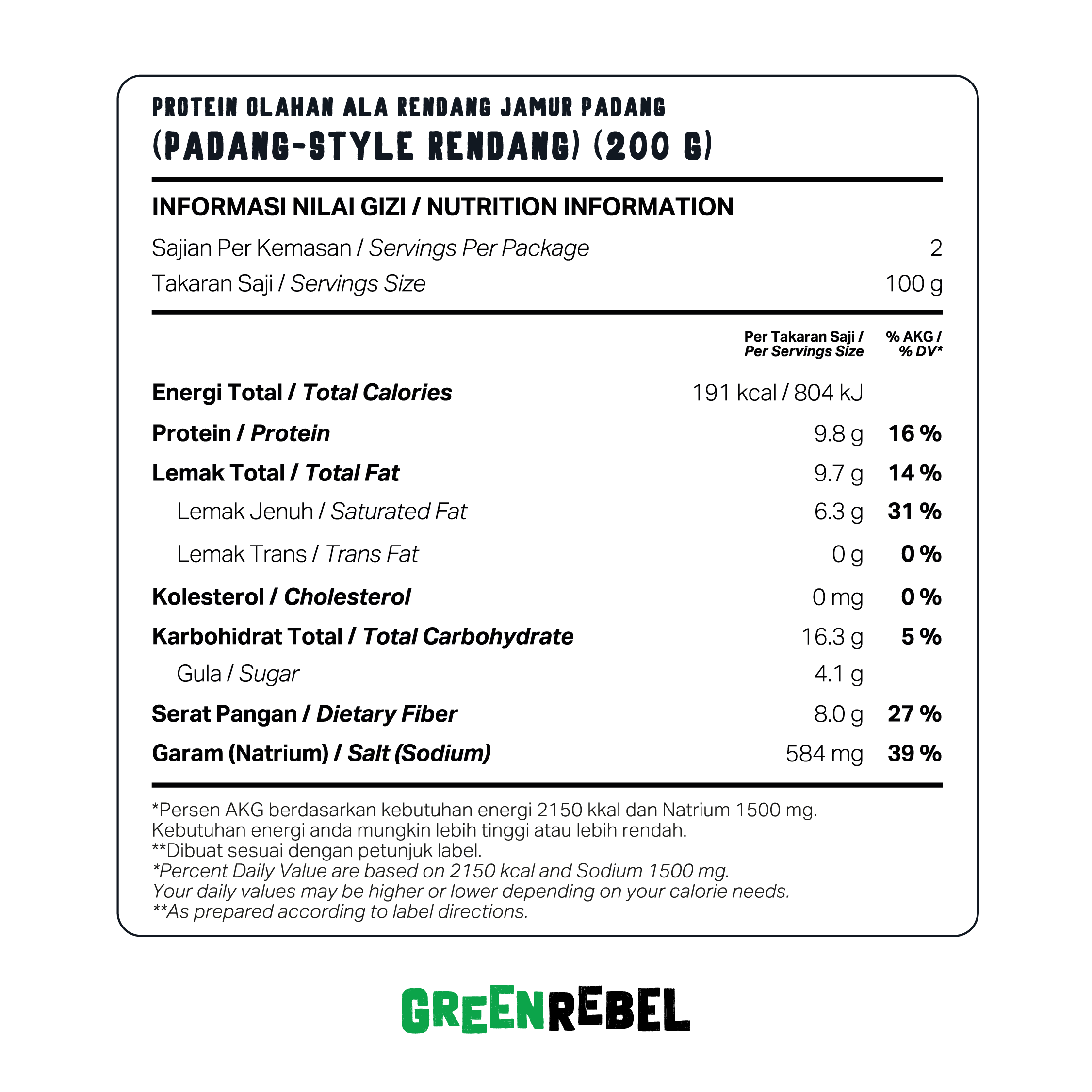 Green Rebel Rendang | Siap Masak | Protein Nabati | Protein Rendah Lemak | 200 gr