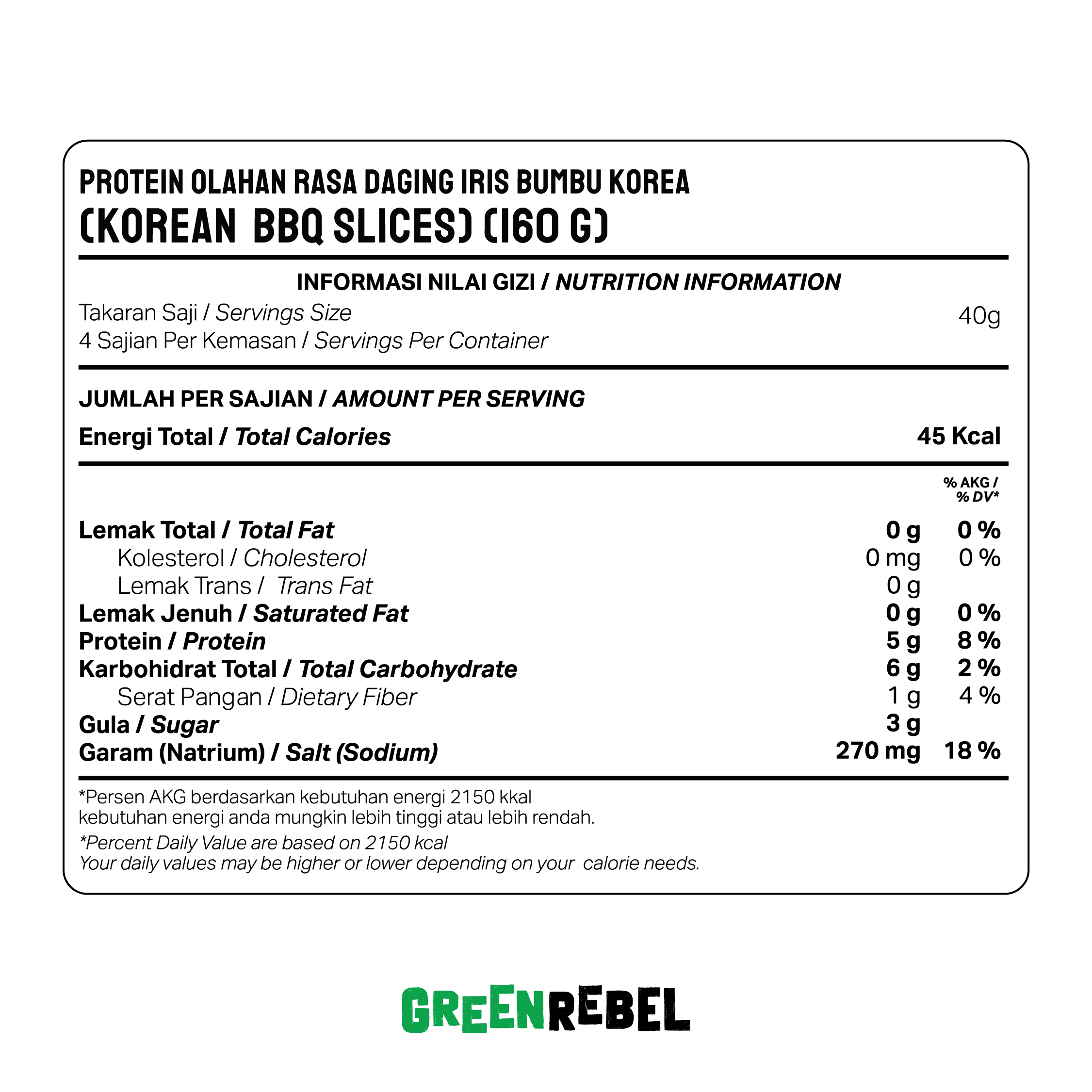 Green Rebel Korean BBQ | Siap Makan | Lauk Sehat Ready to Eat | 160gr