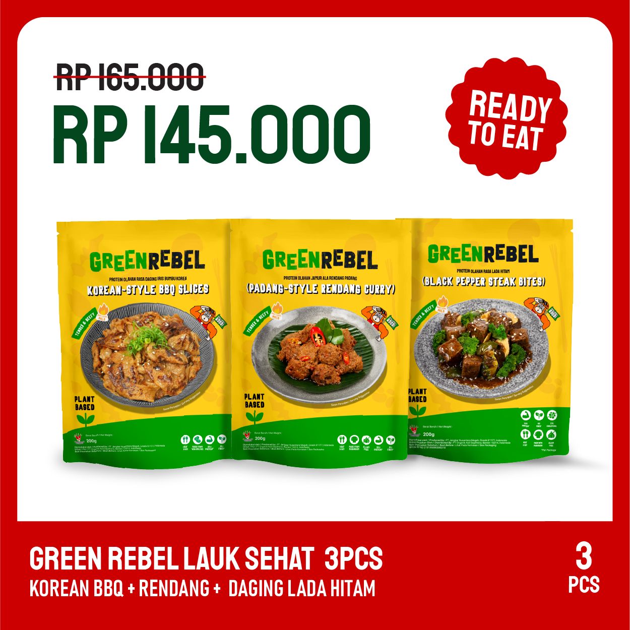 Paket Lebih Murah Green Rebel 3 Pcs - Lauk Sehat | Siap Makan | Ready To Eat