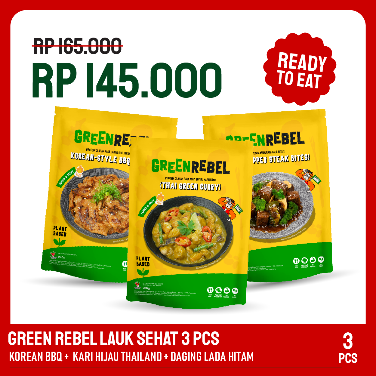Paket Lebih Murah Green Rebel 3 Pcs - Lauk Sehat | Siap Makan | Ready To Eat