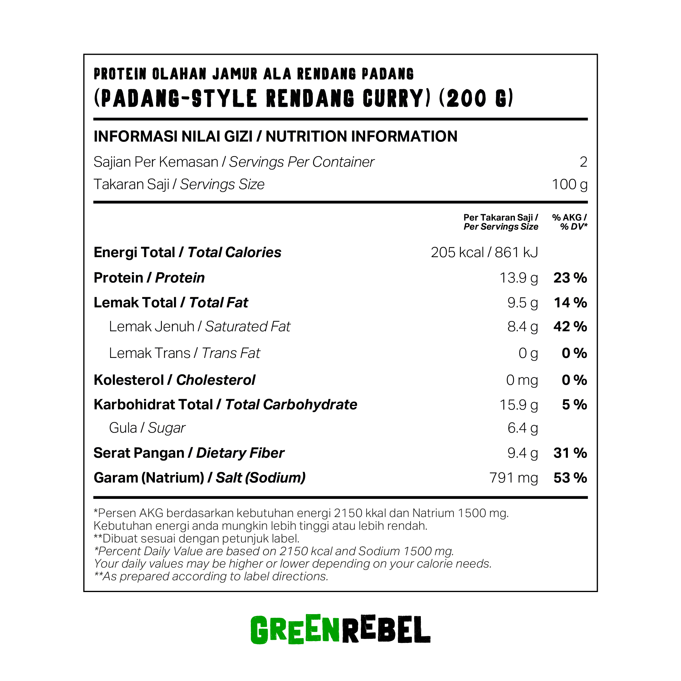 Green Rebel Rendang | Siap Makan | Lauk Sehat | Ready To Eat | 160gr (BALI)
