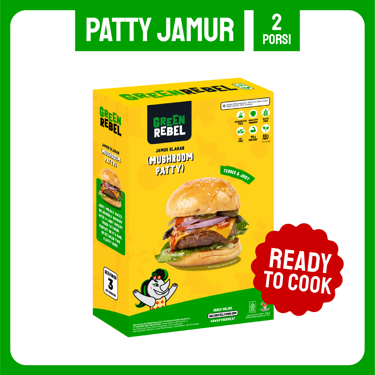 Green Rebel Patty Jamur | Mushroom Patty | Protein Rendah Lemak | 225 gr