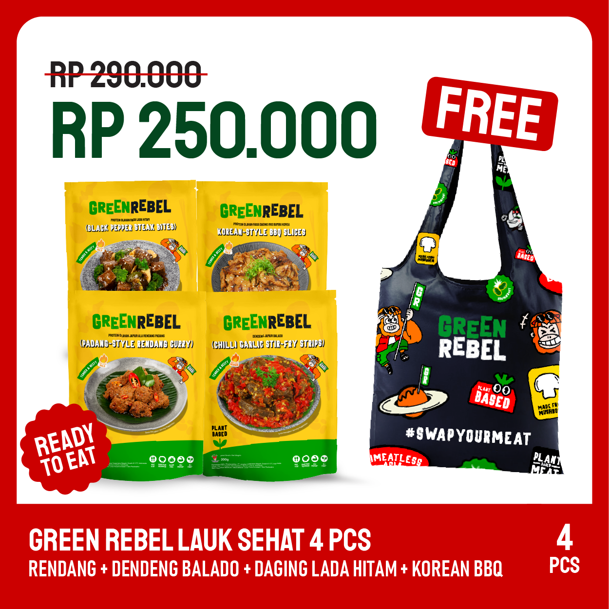 Paket Lebih Murah Green Rebel 4 Rasa Free Shopping Bag | Lauk Sehat | Siap Makan | Ready to Eat