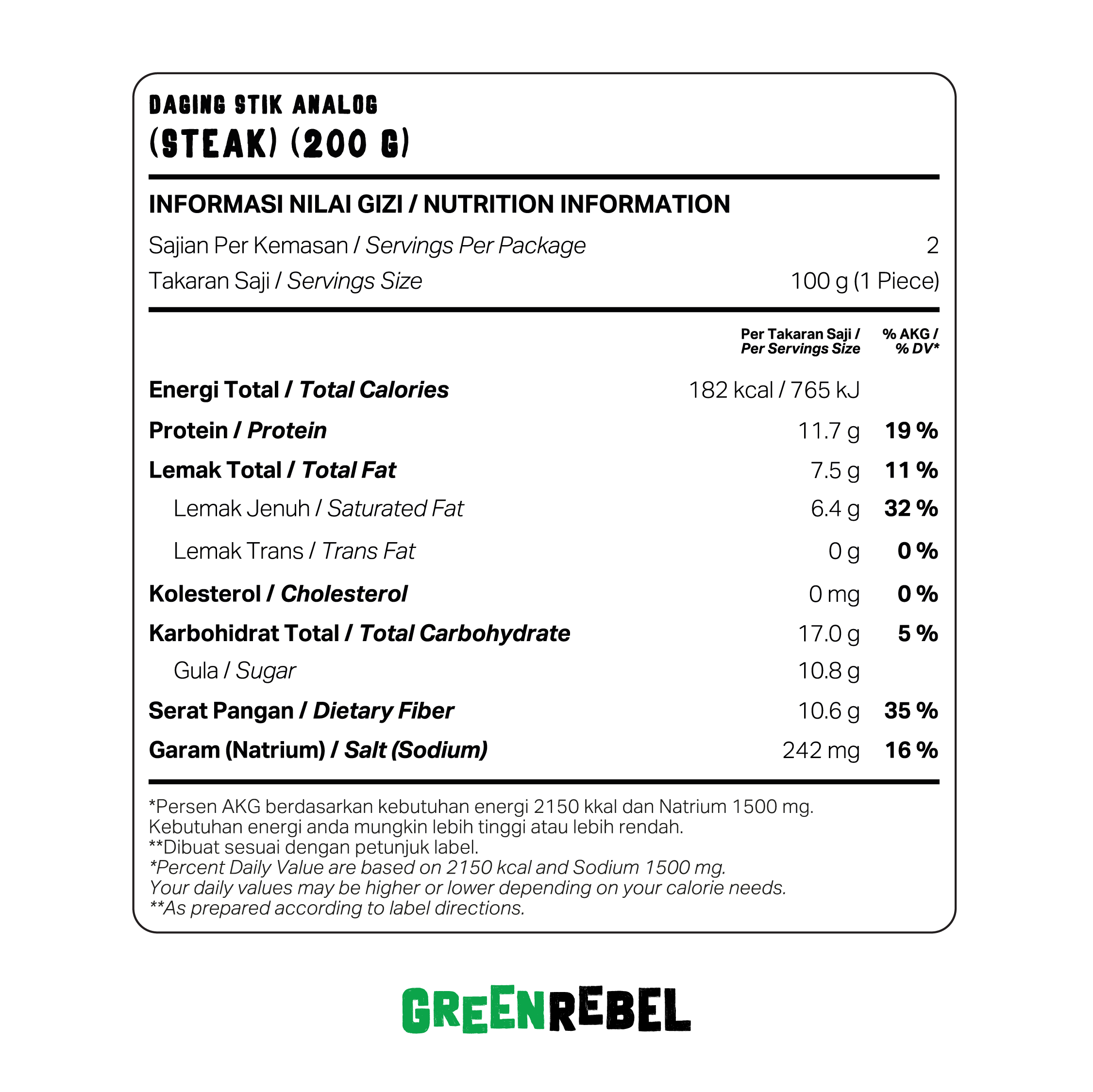 Green Rebel Steak | Protein Nabati | Protein Rendah Lemak | 200 gr
