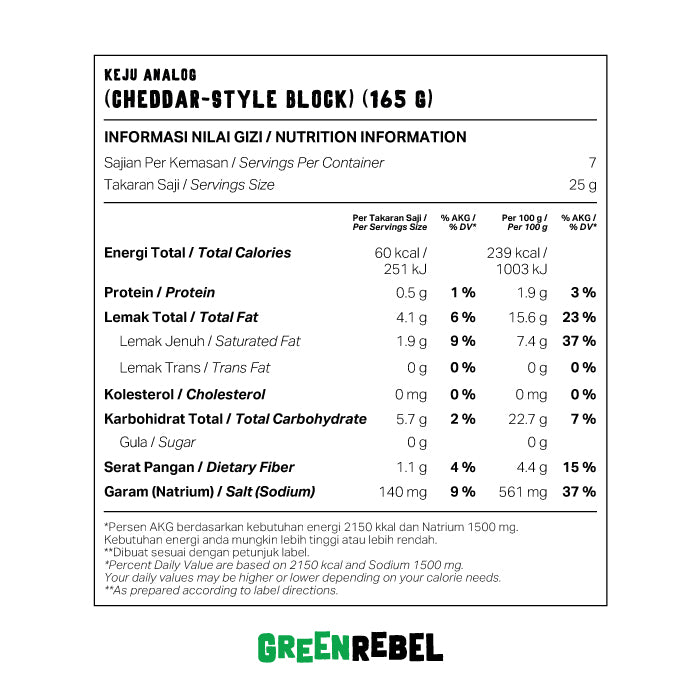 Green Rebel Cheddar Cheese | Keju Vegan | Bebas Laktosa | Dairy Free | 165 gr
