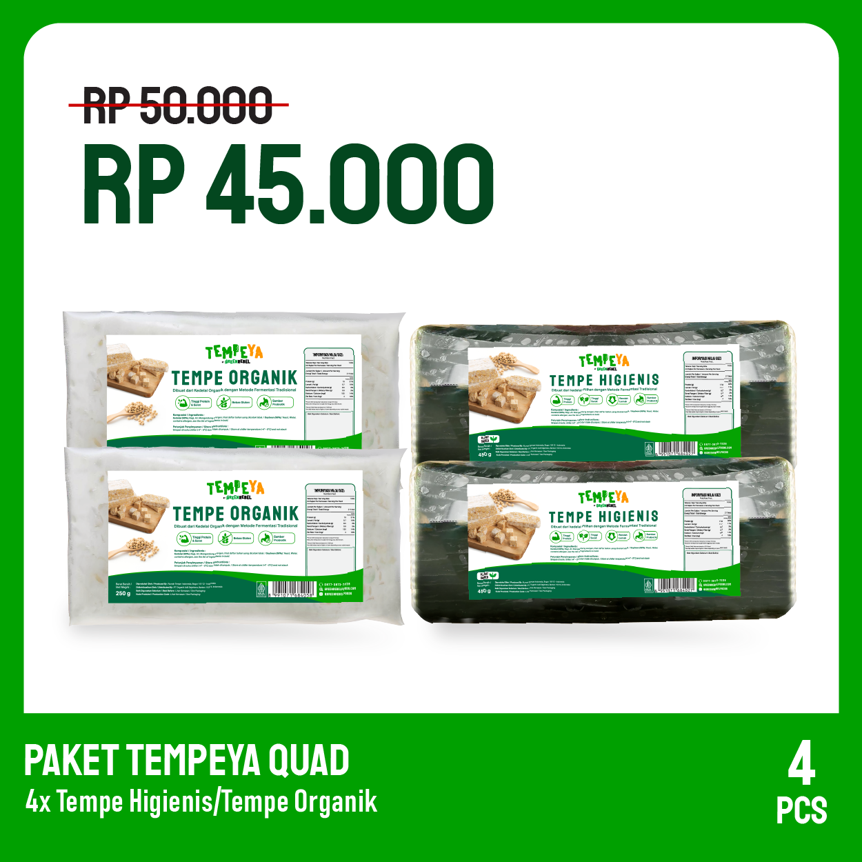 Paket Protein Quad | TempeYa Tempe Segar | Tempe Higienis | Tempe Organik