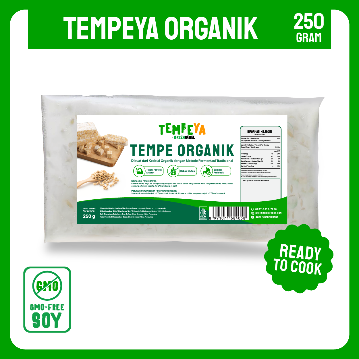 TEMPEYA Tempe Organik Non GMO | 250gr | Frozen dan Chilled