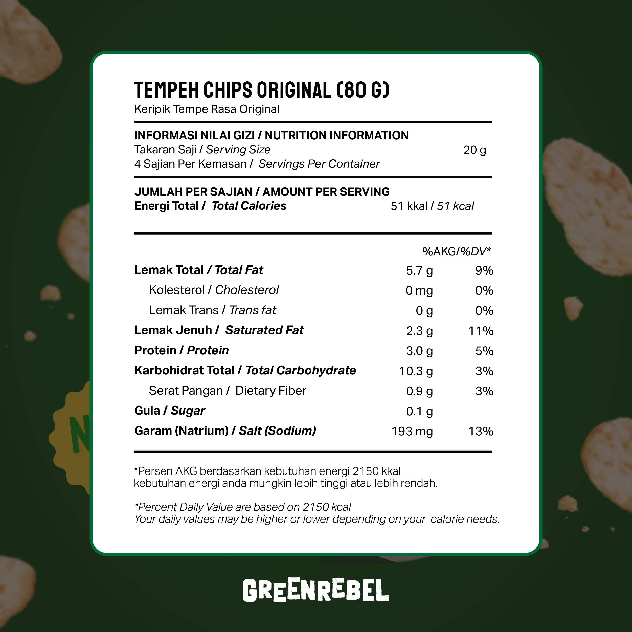 Green Rebel Tempe Chips Original 80g | Keripik Tempe Gluten Free | Snack Sehat Baked Tanpa Pengawet