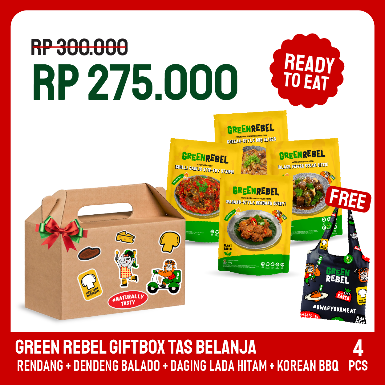 Hampers Sehat Green Rebel 4 Pcs Free Shopping Bag - Lauk Sehat | Siap Makan | Ready To Eat