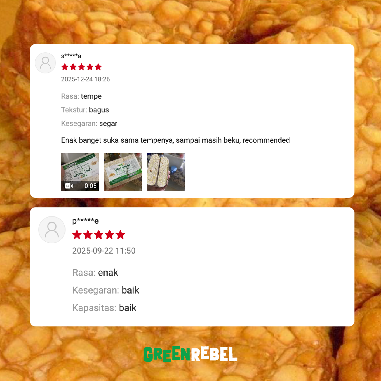 Paket 10 PCS Tempe Organik Non-GMO Green Rebel 250gr Frozen Chilled