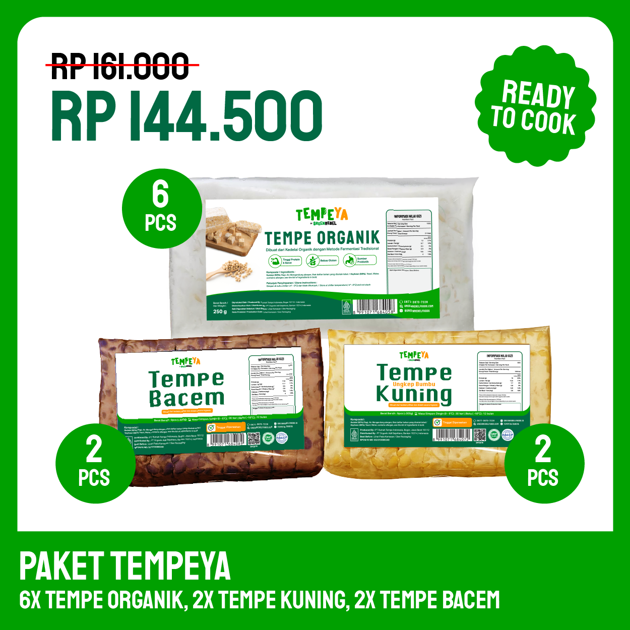 Paket Tempe Organik Non GMO Tempe Bacem Ungkep Siap Masak Kedelai Lokal 250g