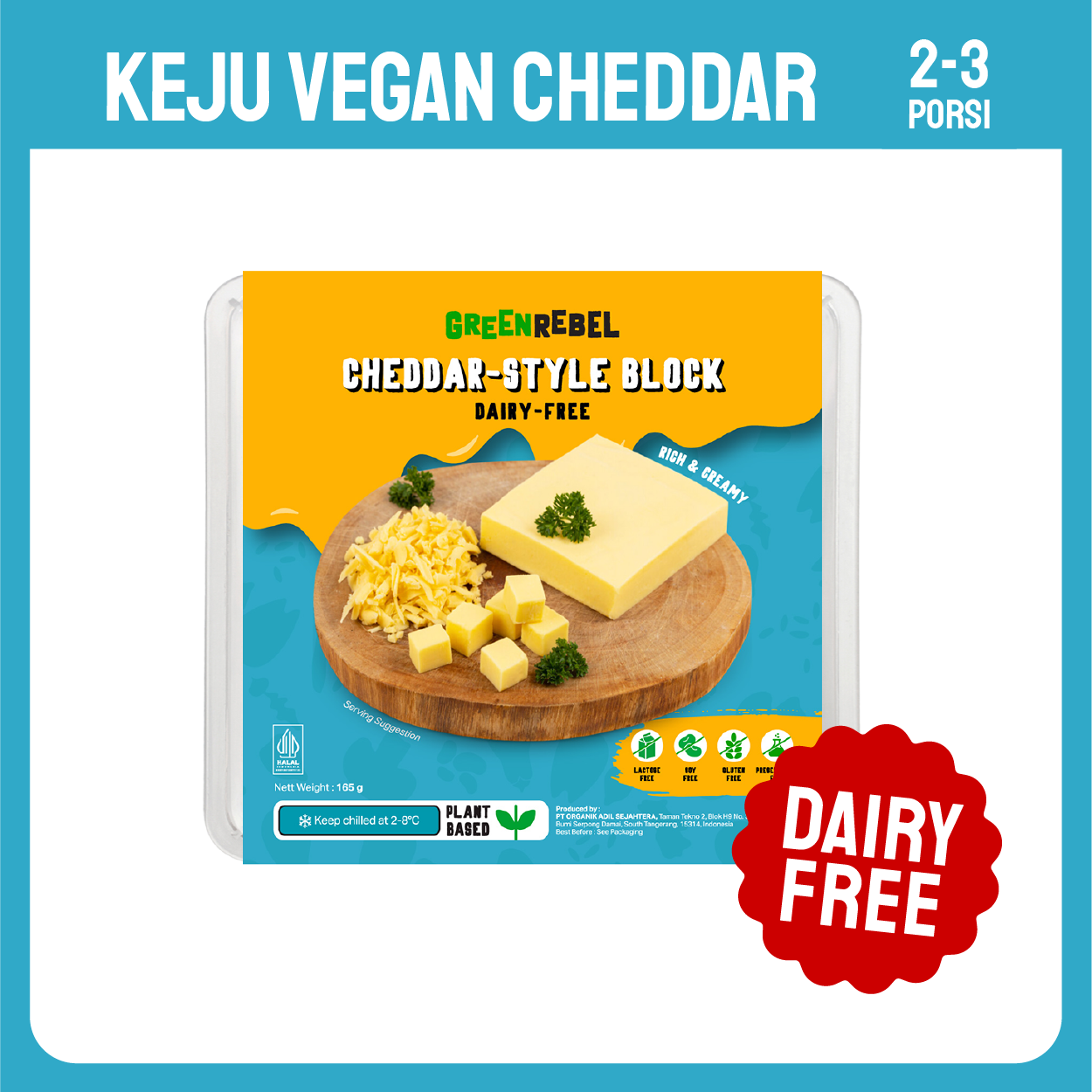 Green Rebel Cheddar Cheese | Keju Vegan | Bebas Laktosa | Dairy Free | 165 gr