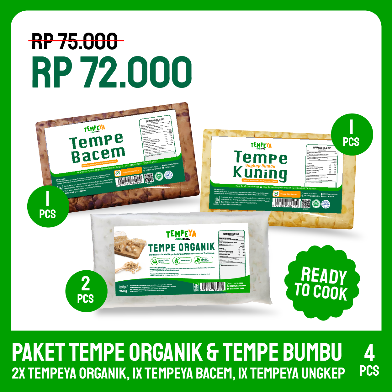 Paket Tempe Organik NON GMO & Tempe Bumbu Siap Masak | Tempe Bacem, Ungkep, Tempe Organik Premium