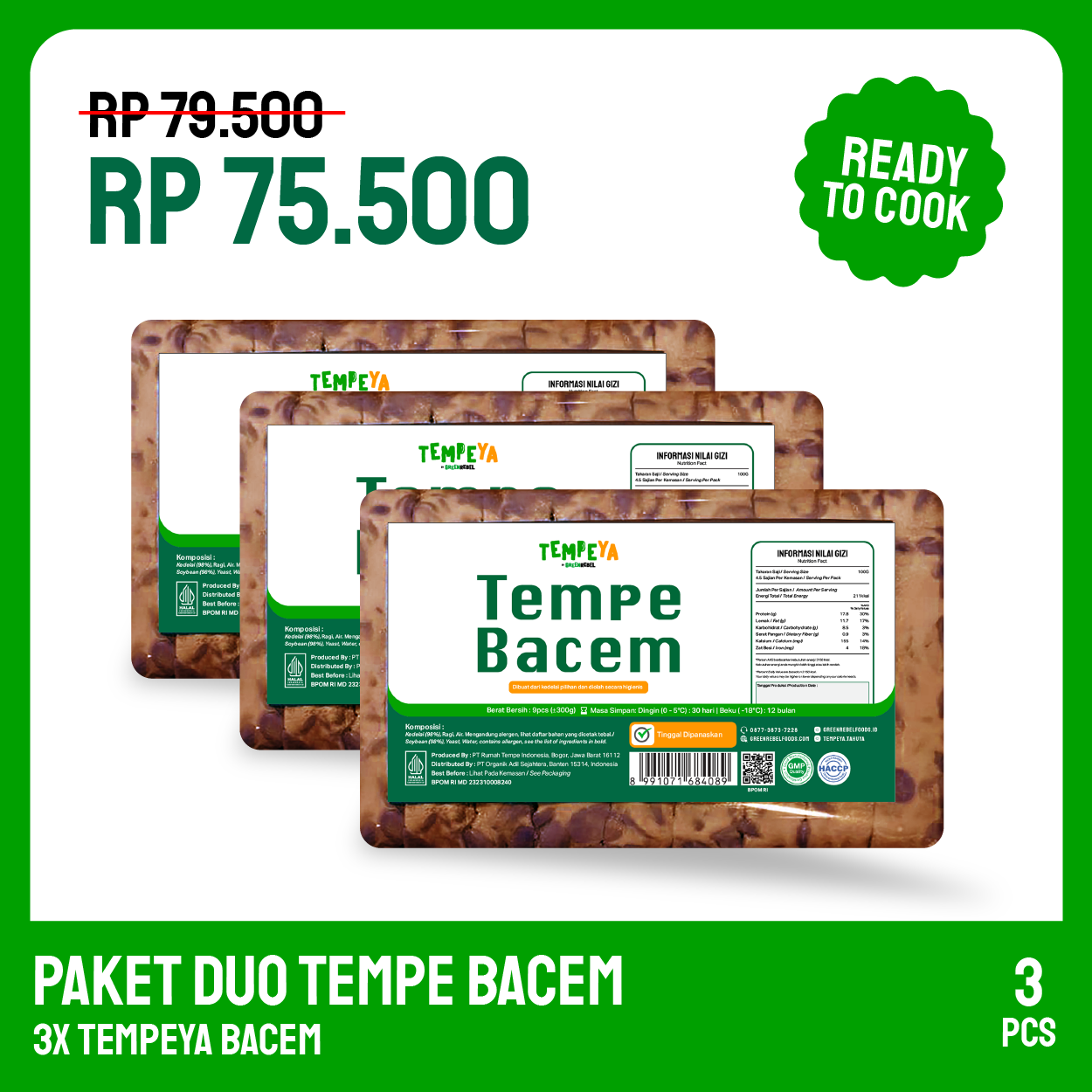 Paket Tempe Bacem Siap Goreng 3 pcs | Tempe Manis Gurih Khas Jawa | TempeYa
