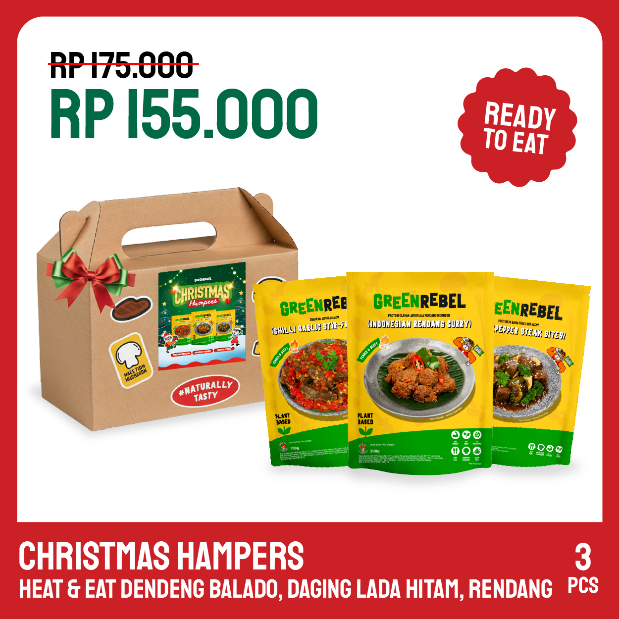Green Rebel Christmas Hampers – Paket 3 Varian (Dendeng Balado, Rendang, Blackpepper Steak Bites)